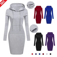 women long sleeve hooded dress solid color pockets skinny long sweatshirts winter autumn thermal casual female dress hoodies new