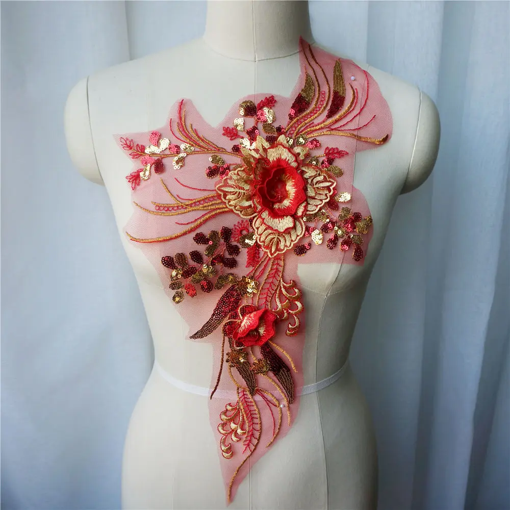 Кружевная ткань с красными золотыми блестками и цветами вышитая кисточка