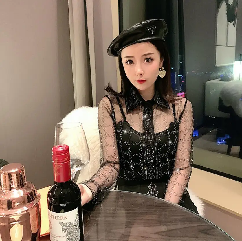 2020 новая весенняя рубашка с длинным рукавом и подтяжками сексуальная сетчатая