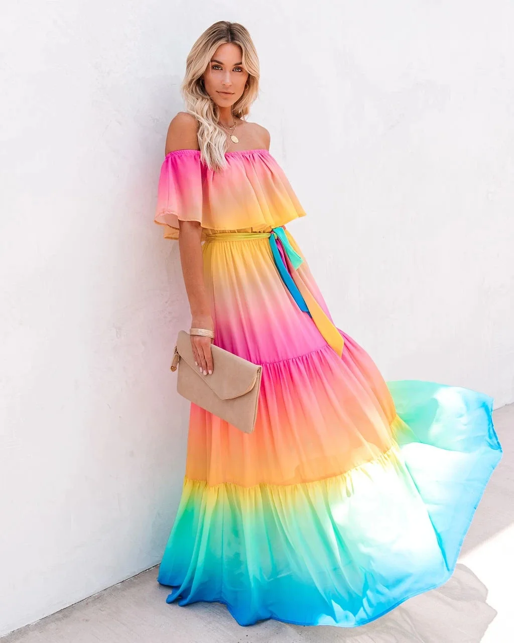 

Women sexy off shoulder slash neck high waist printed ruffle maxi dress Summer chiffon rainbow dress 2020