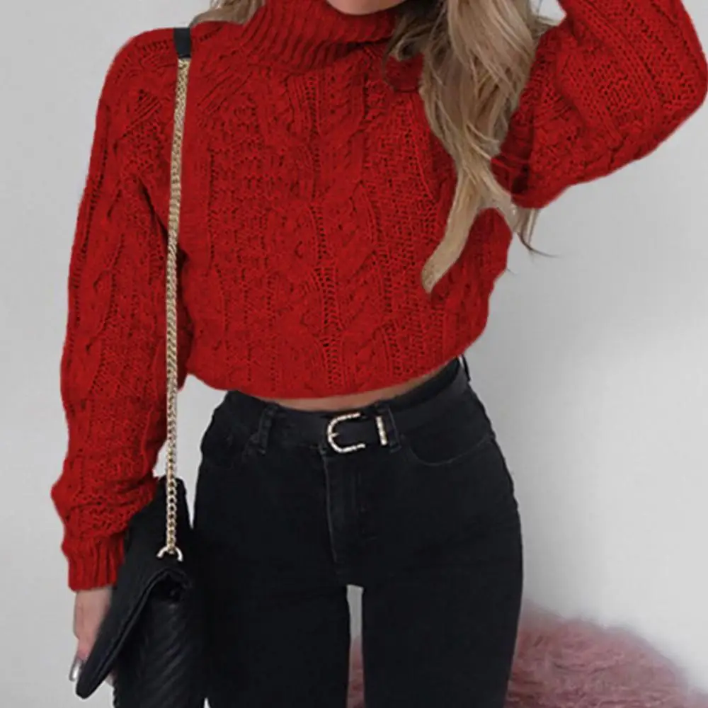 

Ele-Choices Women Winter Sexy Turtle Neck Long Sleeve Knitted Sweater Twist Short Pullover