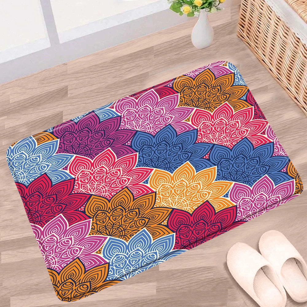 

Indian Bohemian Bathroom Mat Retro Ethnic Style Mandala Flower Color Geometric Pattern Non-slip Rug Kitchen Doorway Aisle Carpet