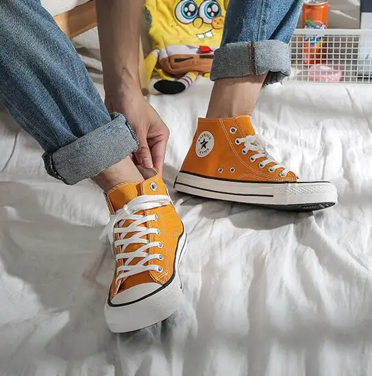 men yellow Аниме высокая холщовая обувь с граффити Женская пара белые черные желтые кроссовки дышащая тотемная Вулканизированная обувь для мужчин и женщин - Цвет: men yellow