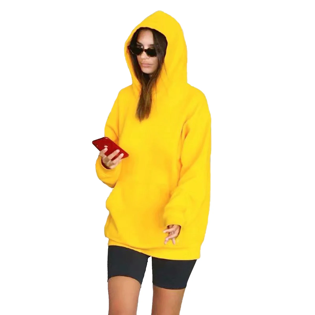 

Ladies Pure Color Fashion High Street Hooded Jacket Loose Long-Sleeved Polar Fleece Hooded Plus Fleece Sweatshirt With Pockets