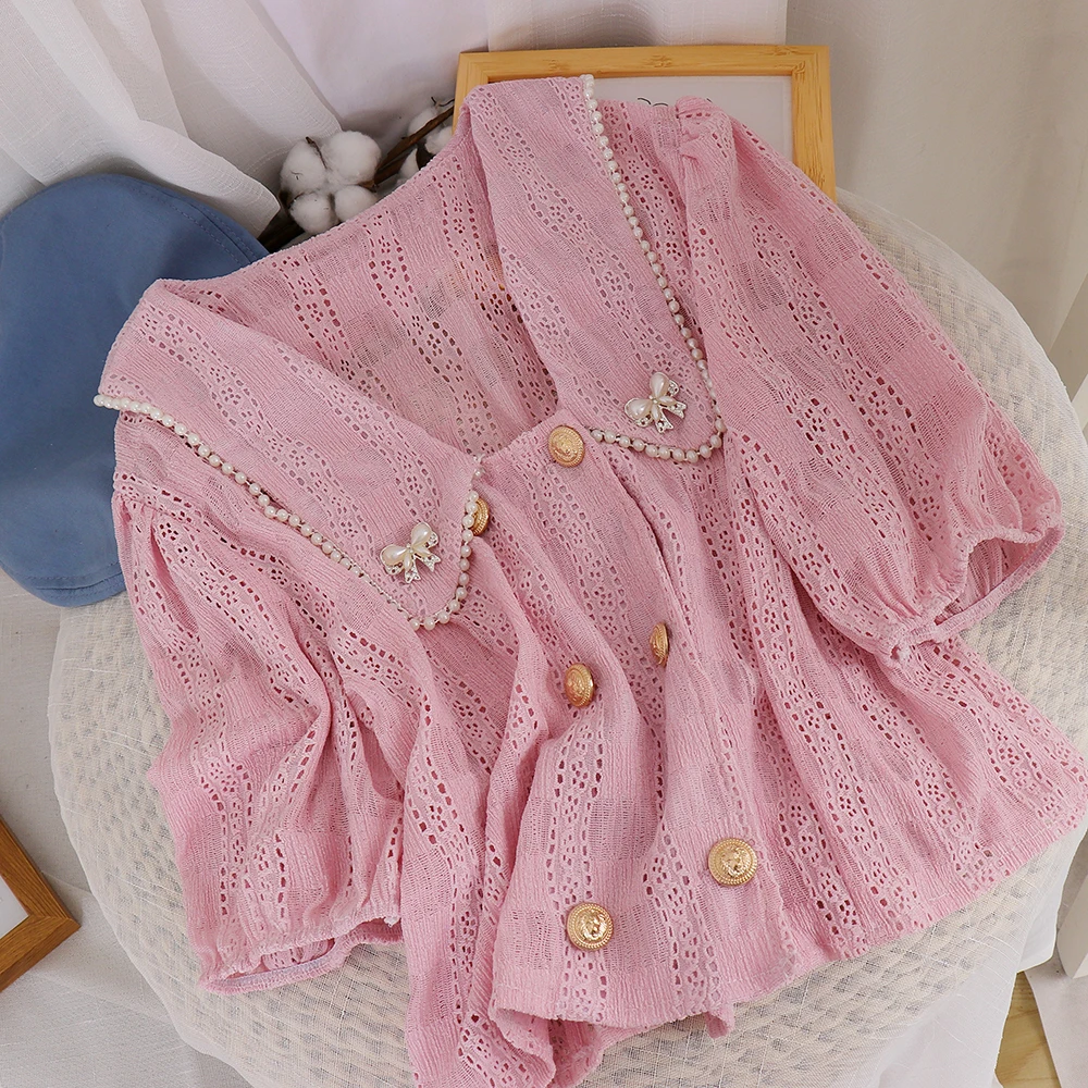 

New Women Vintage Fashion Peter Pan Collar Double Breasted Top Lady Short Puff Sleeve Colorful Buckle Hollowed Blouse