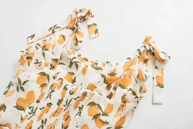 2020 French style Orange Print Women Dress Bodycon Tie Bow Strap Sleeveless Mini Sexy Beach Party Vintage | Женская одежда