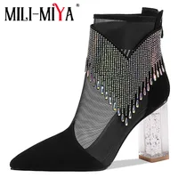 MILI-MIYA Summer Breathable Mesh Cool Ankle Boots Women Fashion Black Crystal Tassel Clear High Heel Zipper Party Luxury Shoes