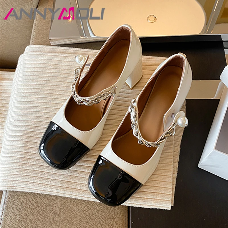 

ANNYMOLI Women Shoes Spring Chunky High Heel Pumps Round Toe Genuine Leather Mary Janes Shoes Chain Lady Footwear Black 40 New