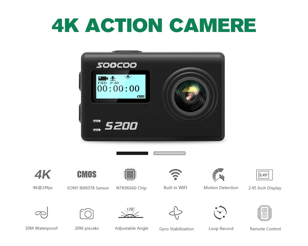 Youtube Hot SOOCOO S200 Action Camera Ultra HD 4K NTK96660 IMX078 with WiFi Gryo Voice control external mic GPS 2.45" touch LCD onЮтуб Горячая Экшн-камера SOOCOO S200 Ultra HD 4K NTK96660 IMX078 с WiFi Gryo голосовым управлением внешним микрофоном GP