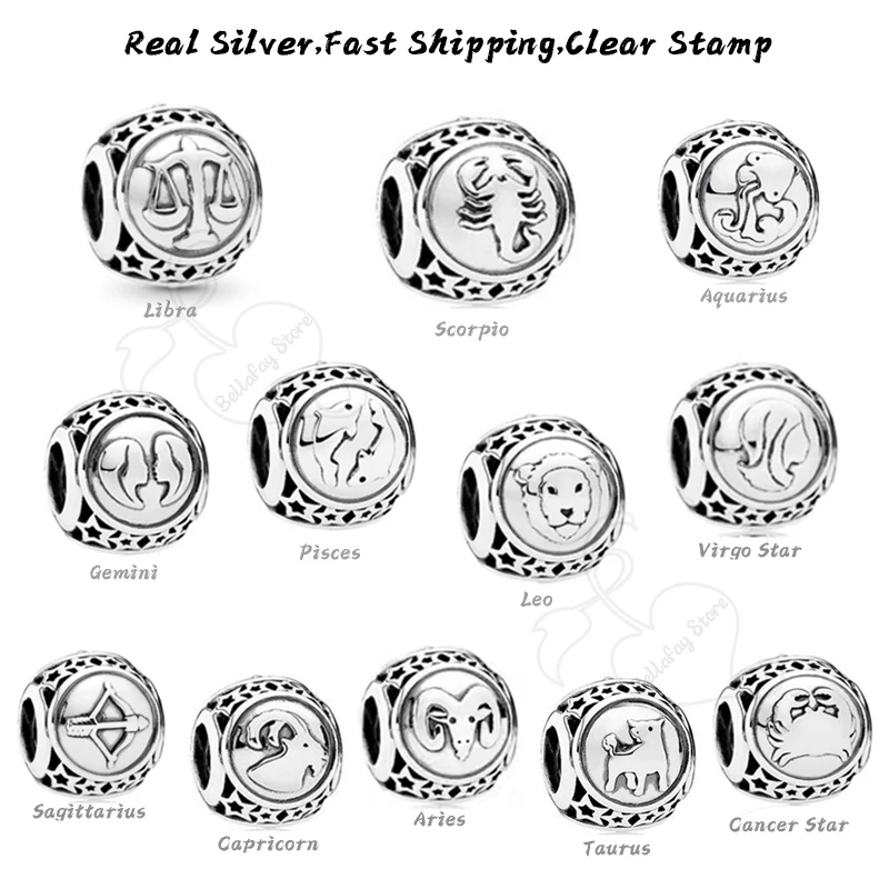 

12 Horoscope Beads Real 925 Sterling Silver Constellation Charms Fits Original Bracelets Bangles Birthday Gift