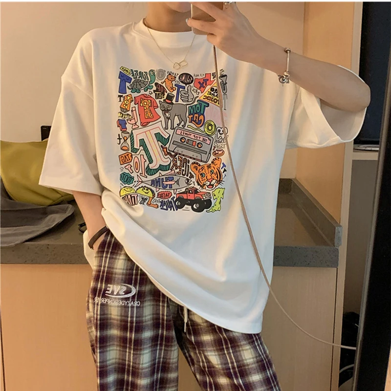 

2020 Summer Cat Graffiti Prints Girls T Shirts Harajuku Casual Aesthetic Tshirt Femme Graphic Korean Tee Shirts