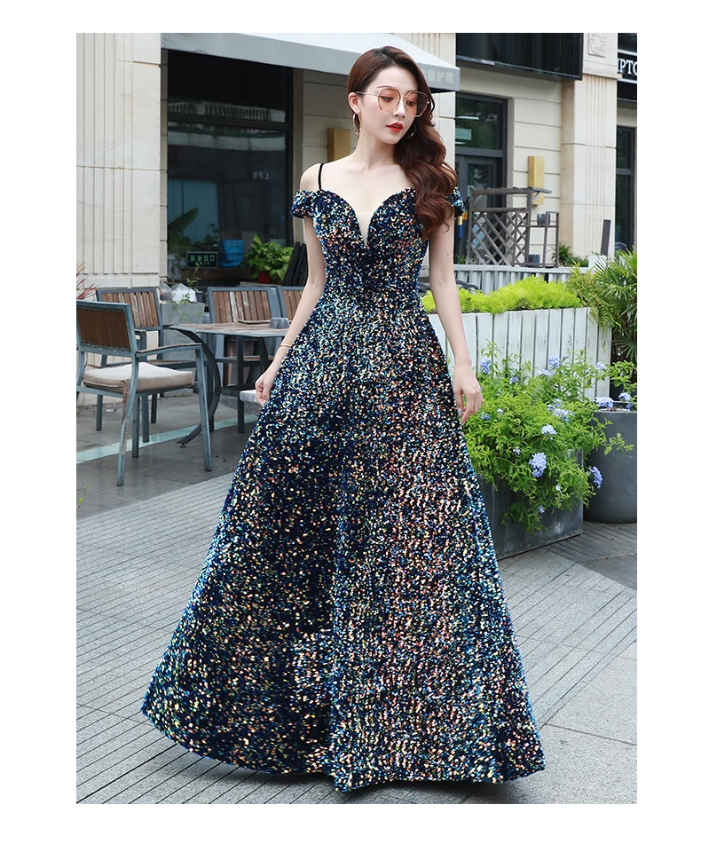 

Elegant Colorful Sequins Evening Gown Spaghetti Straps Floor Length Prom Dress Custom Made