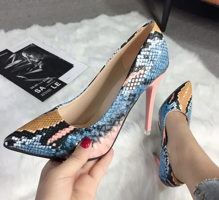 Lady Loafers Pointy Toe High Heel Slip On Pu Snake Texture Printed Shoes For Women Max Size 42 Pink Green Single Pumps Retro | Обувь