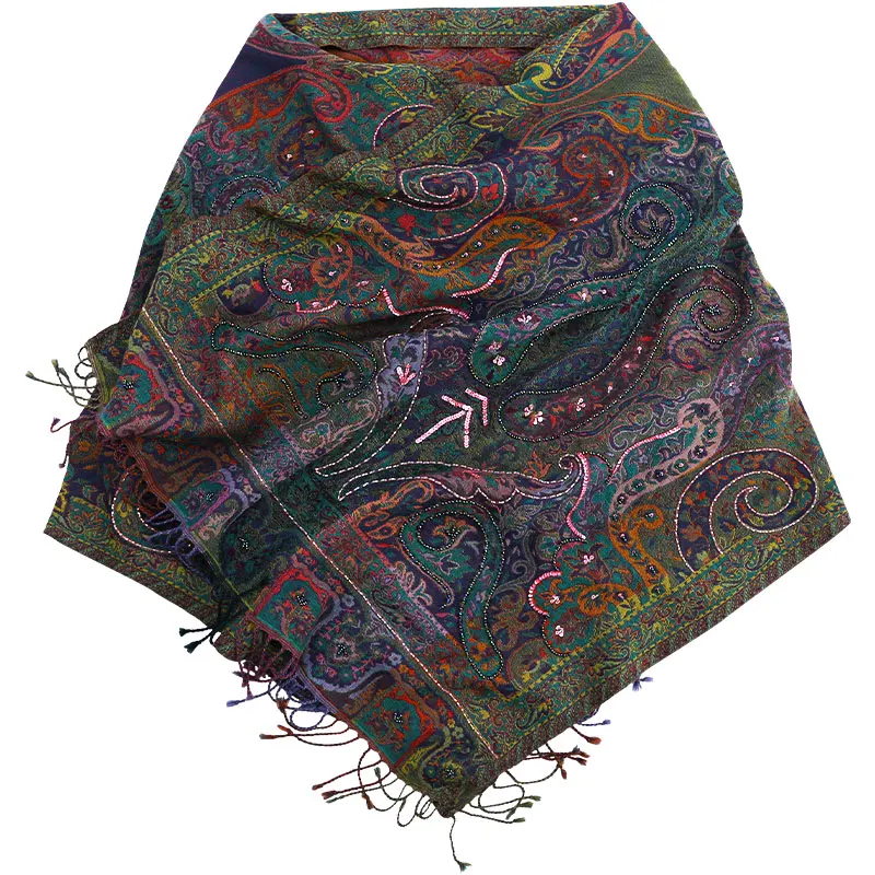 

Women Cachecol Feminino Warm Cape Muslim Hijab Ultra Long Shawl Embroidery Beads Pashmina Artificial Cashmere Muffler Scarves