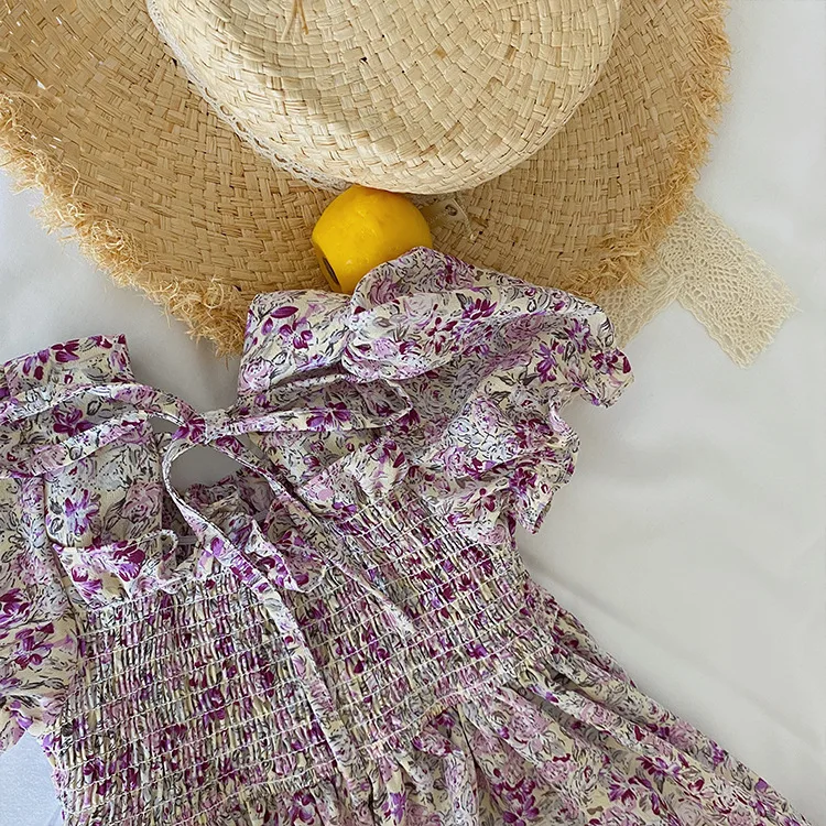 

Summer fashion girls floral chiffon princess dress kids thin square collar holiday long dress