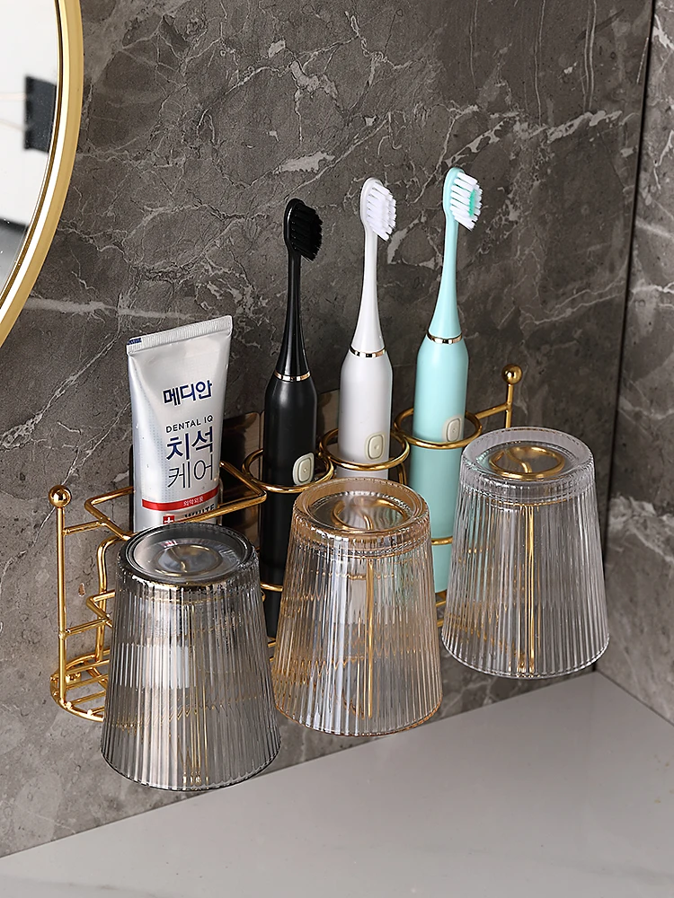 

Wall-hung Type Punch-free Toothbrushing Cup Wash Set Electric Toothbrush Rack Golden Bathroom Mouthwash Cup Holder Light Luxury