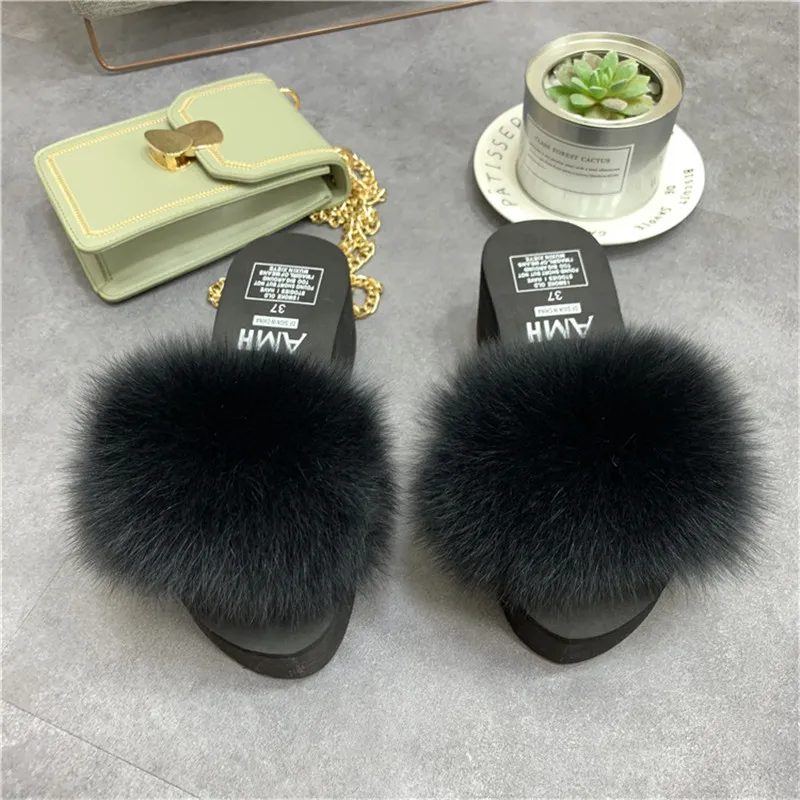 Женские шлепанцы на лисьем меху с натуральным мехом домашняя обувь пушистые