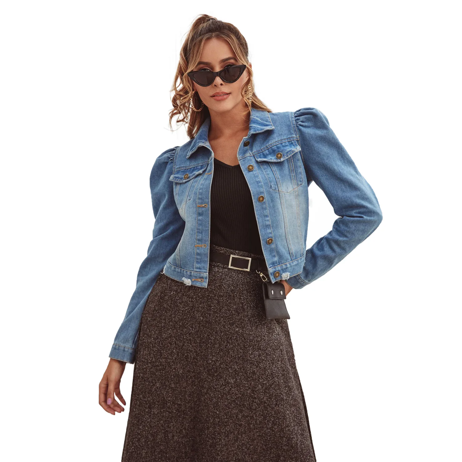 

autumn and winter new fashion women's short puff sleeve ladies single-breasted denim jacket