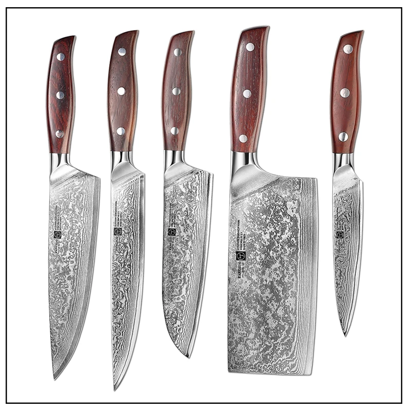 

FANGZUO 5 PCS Damascus Knife Super Sharp kitchen device sets Cleaver Cooked tools Dalbergia solid wood handle Gift Box Knife