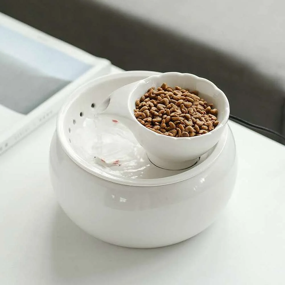 

1.5Л электрический керамический фонтан для питьевой воды для кошек с чашей для еды для кошек и собак, чаша для питья, автоматический диспенсе...