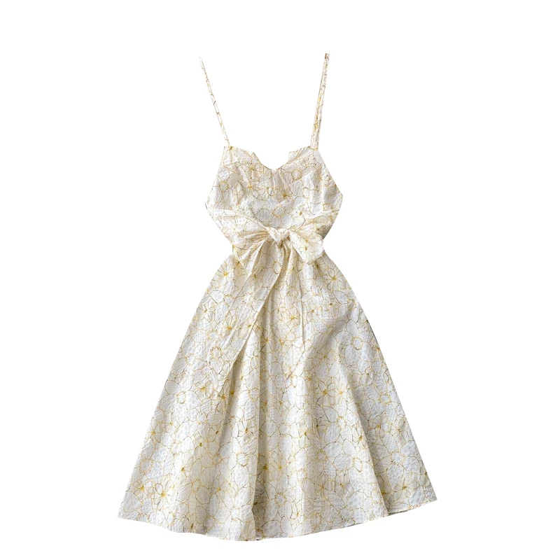 

New Summer Fashion Dress For Women Sweet Floral Elegant Spaghetti Strap Bow High-waisted Backless Party Dresses
