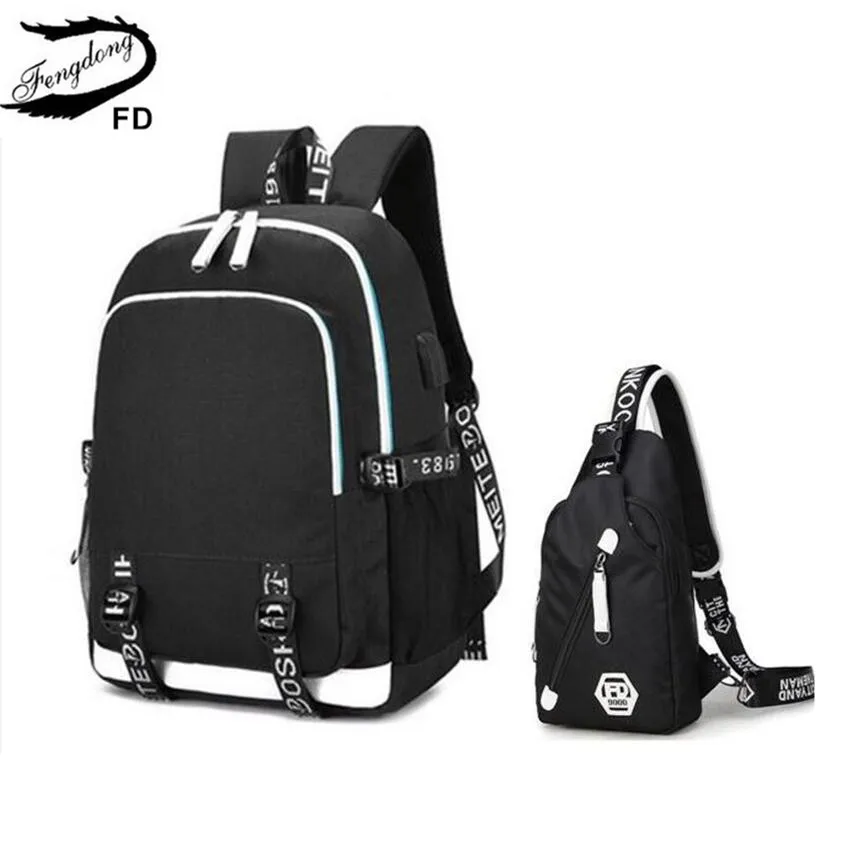 

Fengdong female travel laptop backpack school bags for girls sling shoulder chest bag set black waterproof school backpack