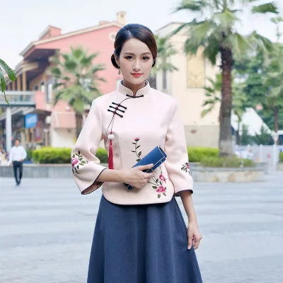 pink colour blouse Sheng Coco Woolen Chinese Blouse Coat LadiesTraditional Chinese Shirts Embroidery Blouses Woolen Suit Classic Blue Suit - Цвет: pink colour blouse