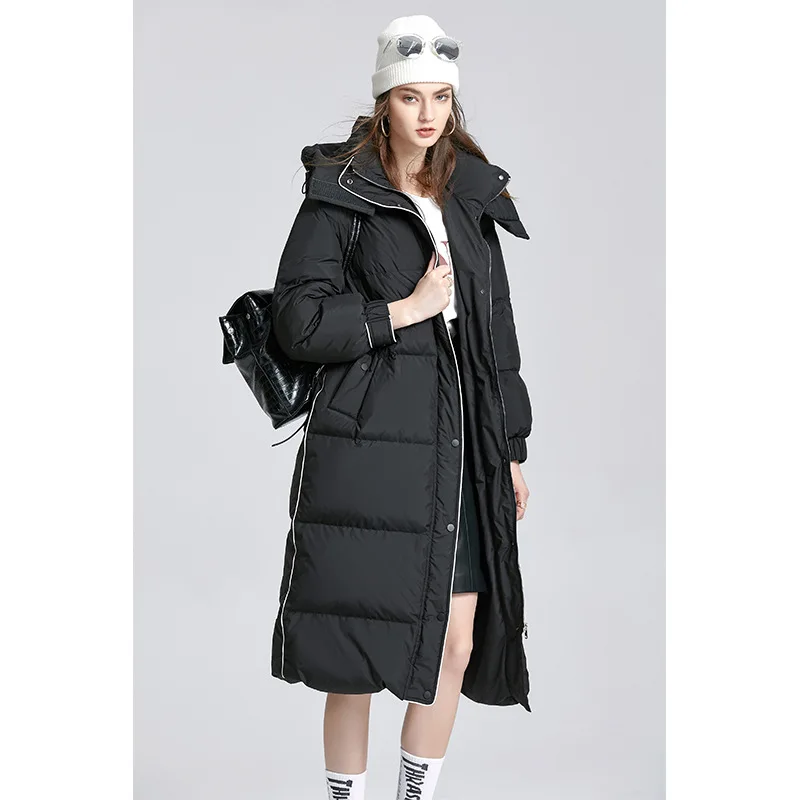 

SHUCHAN Women Coats and Jackets Winter Long 90% White Duck Down 250g-300g Zipper Hooded Wide-waisted Thick Outwear