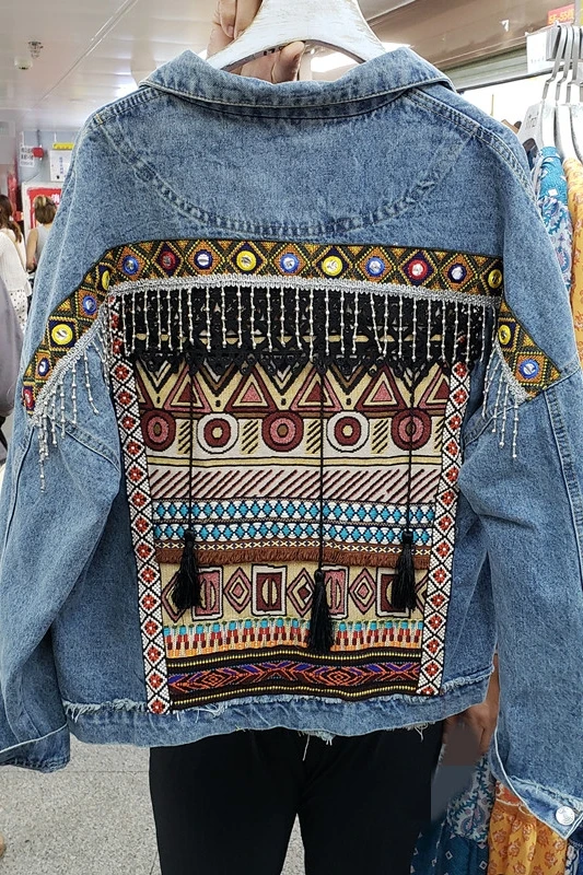 

2021 Fall Winter Ethnic Style New Jeans Coat Female Heavy Industries Embroidered Tassel Loose Bf Jean Jacket Womens Denim Coats