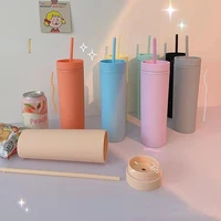 candy color straw cup korean version summer adult cute large capacity double layer anti scald ins wind net red water cup