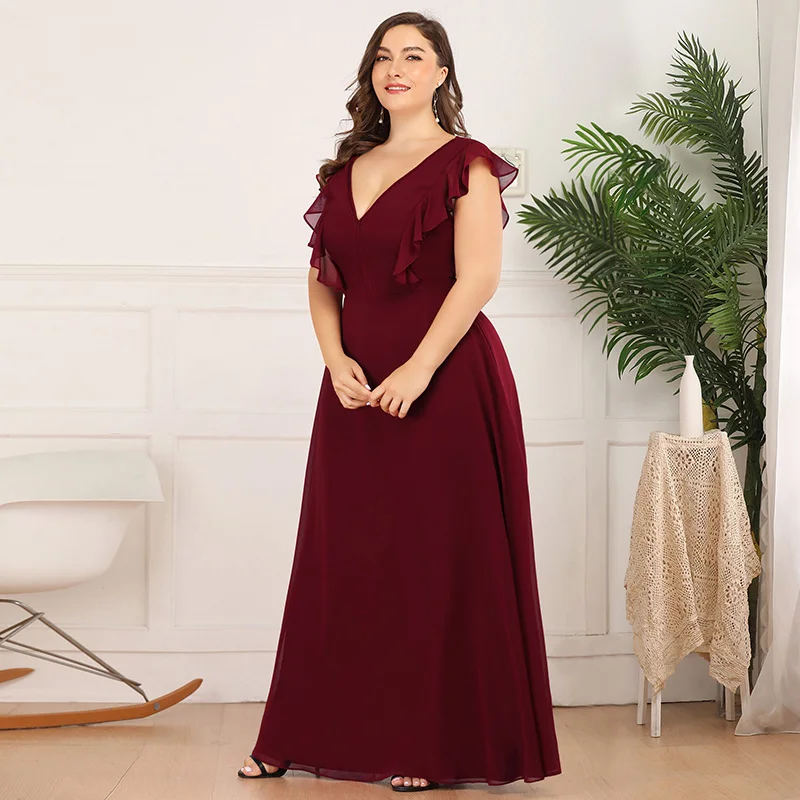 Evening Dress A-line 2020 New Burgundy V-neck with Short Sleeves Open Back Simple Party Gowns Queen Abby |