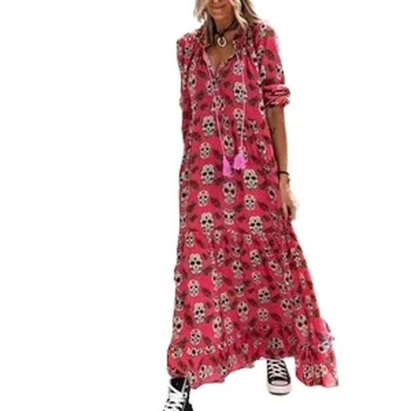 

2021 летнее платье для женщин, платье с длинными рукавами и принтом черепа на Хэллоуин