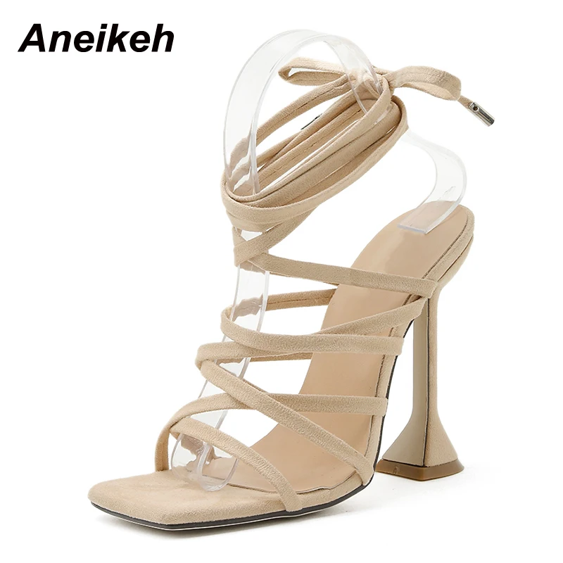 

Aneikeh 2022 Summer Women Shoes New Fashion Spike Heels PU Office Gladiator Solid Sandals Narrow Band Concise Lace-Up Black