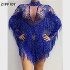 Голубые серебряные стразы, прозрачное боди с бахромой, празднование дня рождения, с длинными рукавами, танцевальный костюм для женщин, певицы