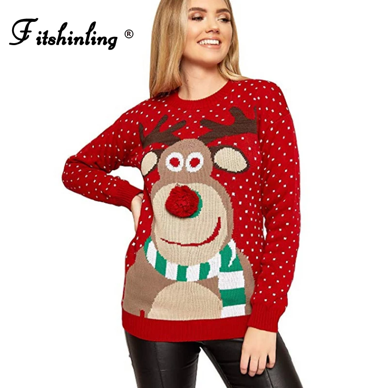 

Fitshinling Casual Red Christmas Ugly Sweater Women Winter Tops Knitwear Deer Hairball Cute Pull Femme Warm Jersey Mujer Sale