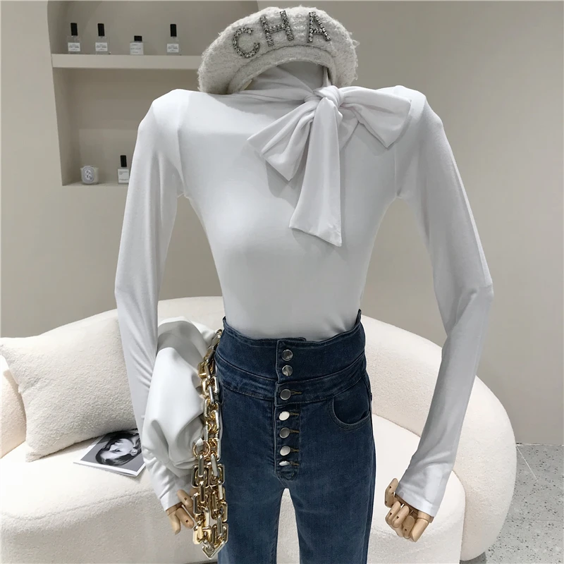

Women's Spring Summer 2021 Niche Design Slim Slim Stand Collar Lace Up Long Sleeve T-shirt Top Bottoming Shirt