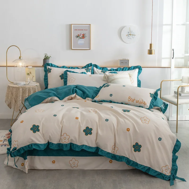 

Duvet Cover Korean Style Floral Four-Piece Cotton Sanding Bedding Lace Ruffle Single Double Standard Set