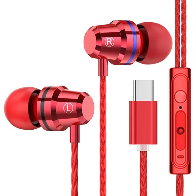 Red Тип C HiFi USB-C наушники-вкладыши динамический привод музыка наушники Бас Металл для Xiaomi huawei samsung спорт игровая гарнитура с микрофоном - Цвет: Red