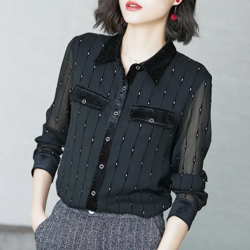 Женские шифоновые блузки и топы в полоску с карманами стиле пэчворк женские