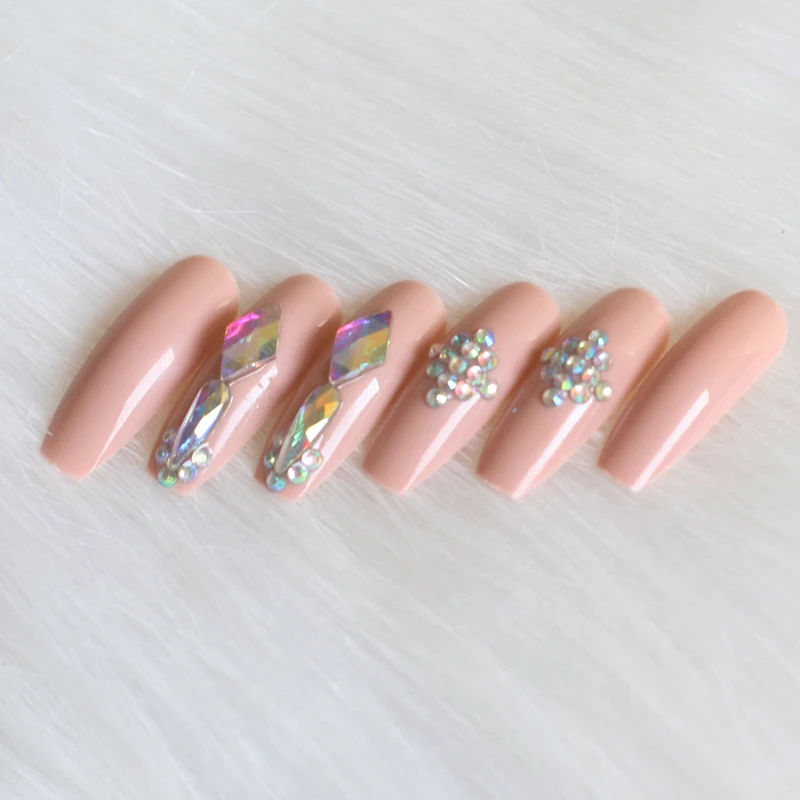 

24pcs high-end fashion handmade crystal diamond long flat false nails brown