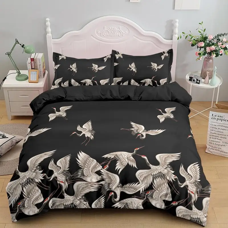

3D Japanese White Crane Print Bedding Set Duvet Cover Pillowcase Comforter