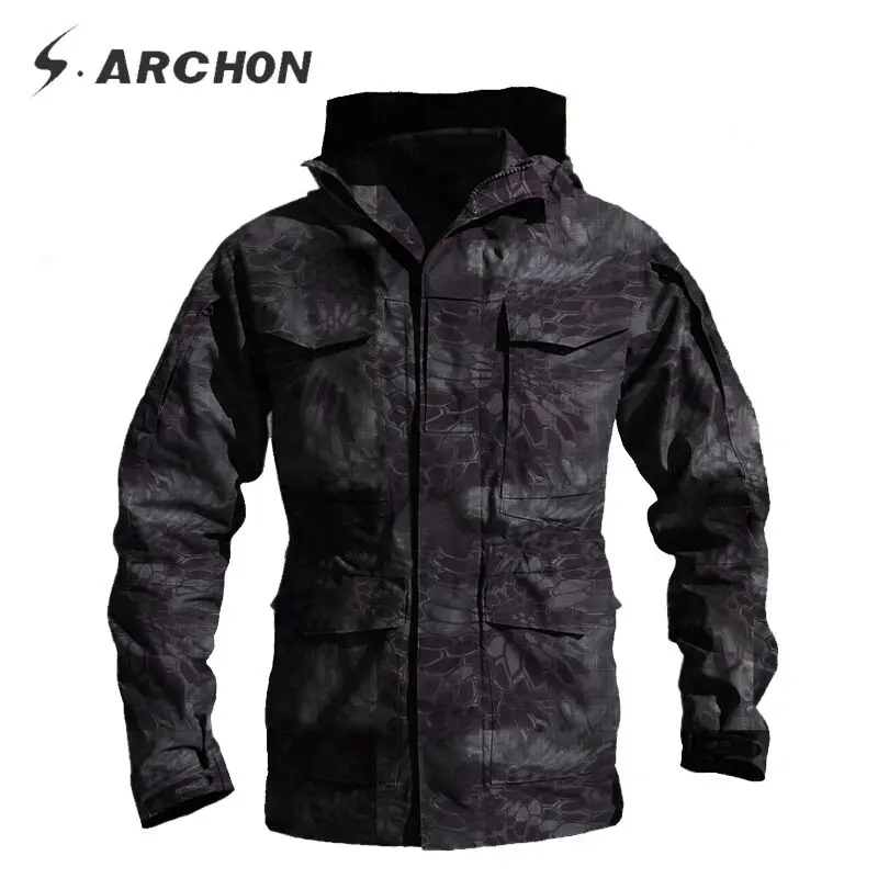 

S.ARCHON-M65 Men's Jacket Fashion Pure Black Camouflage Zipper Hooded Jacket Military Field Tactical Waterproof Windbreaker