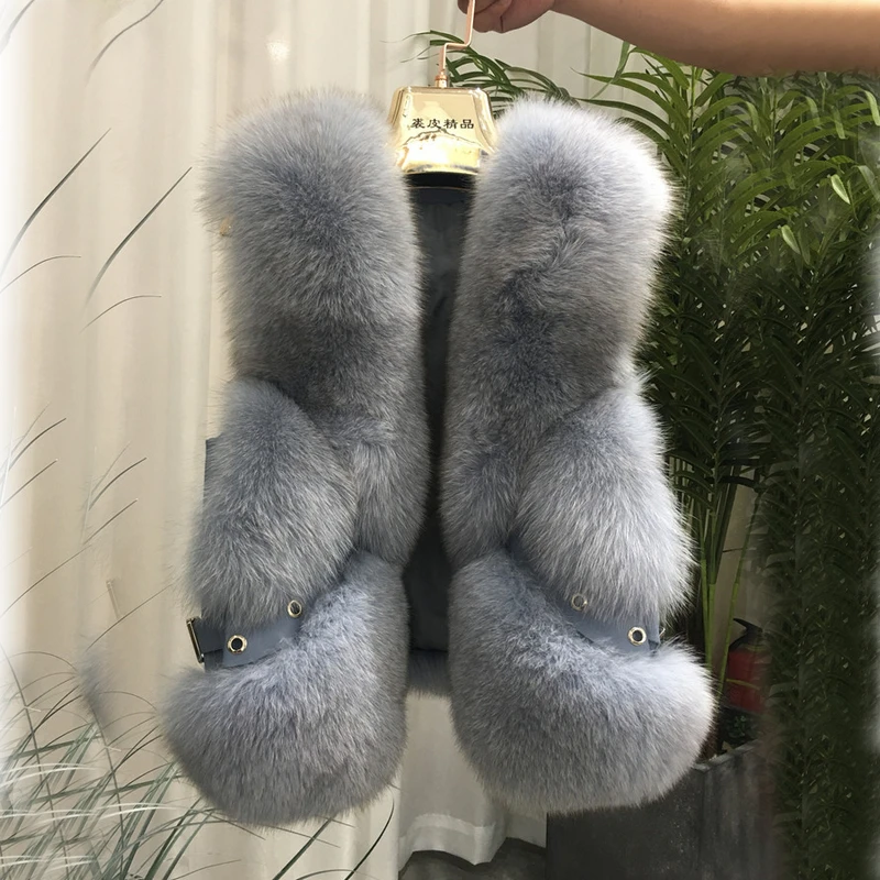 ZDFURS* из натурального меха лисы жилет короткий без рукавов Vestwoman зимние теплые натуральный меховой жилет натуральным лисьим мехом Меховая куртка лисий мех пальто - Цвет: light blue