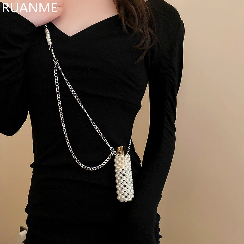 

New RUANME2022 Oblique Cross Necklace Of Pearls Handbags Women Sweater Chain Sautoir Ornaments
