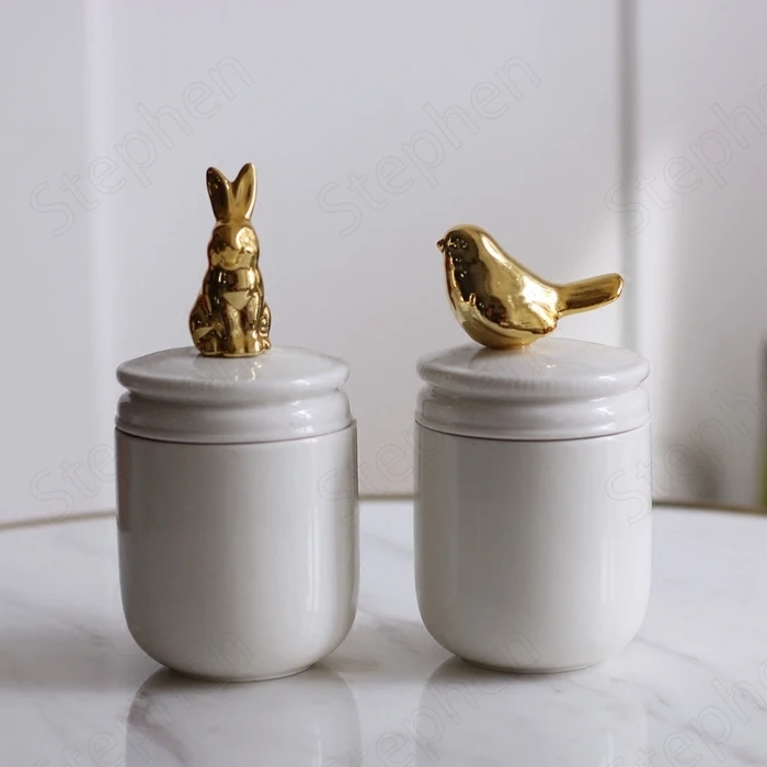 

Керамические банки золотого цвета с крышкой в скандинавском стиле, простые Позолоченные белые косметические контейнеры с птицами и кролик...