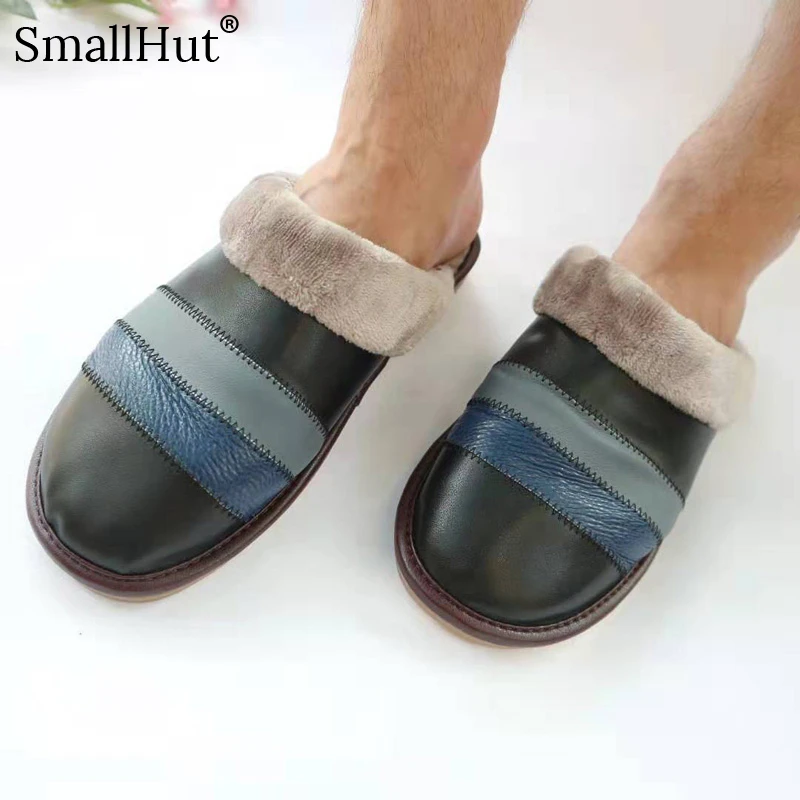 Зимние домашние тапочки мужские из натуральной коровья кожа мода Мужская теплая