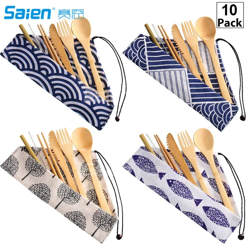 Murah 10 Set Set Sendok Garpu Bambu, Alat Bambu Yang Dapat Digunakan Kembali Termasuk Pisau, Garpu, Sendok, Sumpit, Jerami Yang Dapat Digunakan Kembali Untuk Piknik Perjalanan