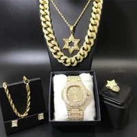 hip hop men gold color watch necklace braclete ring earring combo set ice out cuban crystal miami chain hip hop for men