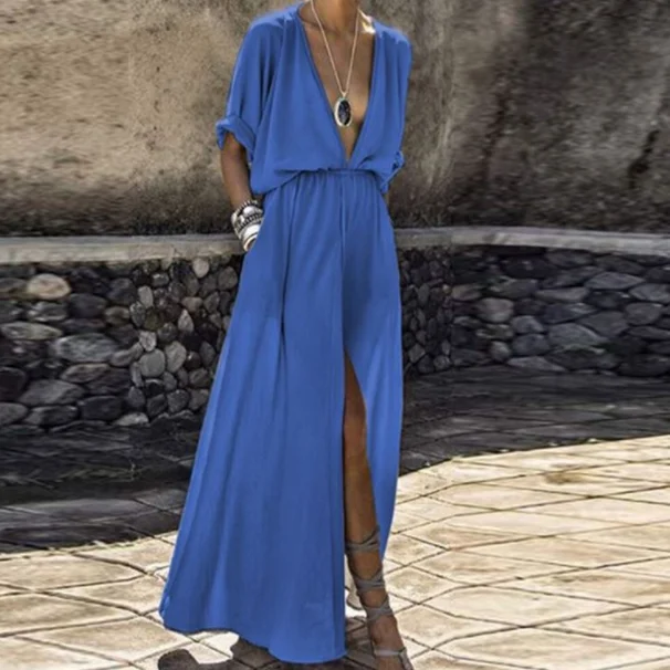 Женское длинное шифоновое платье-туника с рукавом до локтя и глубоким V-образным