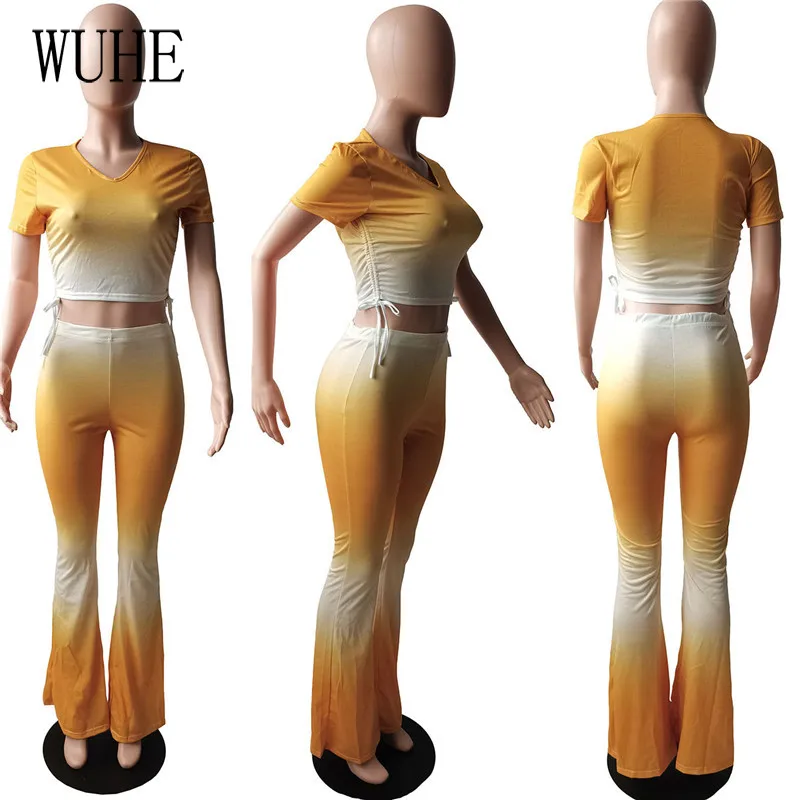 

WUHE Gradient Outfits O Neck Lace Up Short Sleeve Crop Top and Long Pants Casual Elegant Women Summer Party Streetwear 2 Suits
